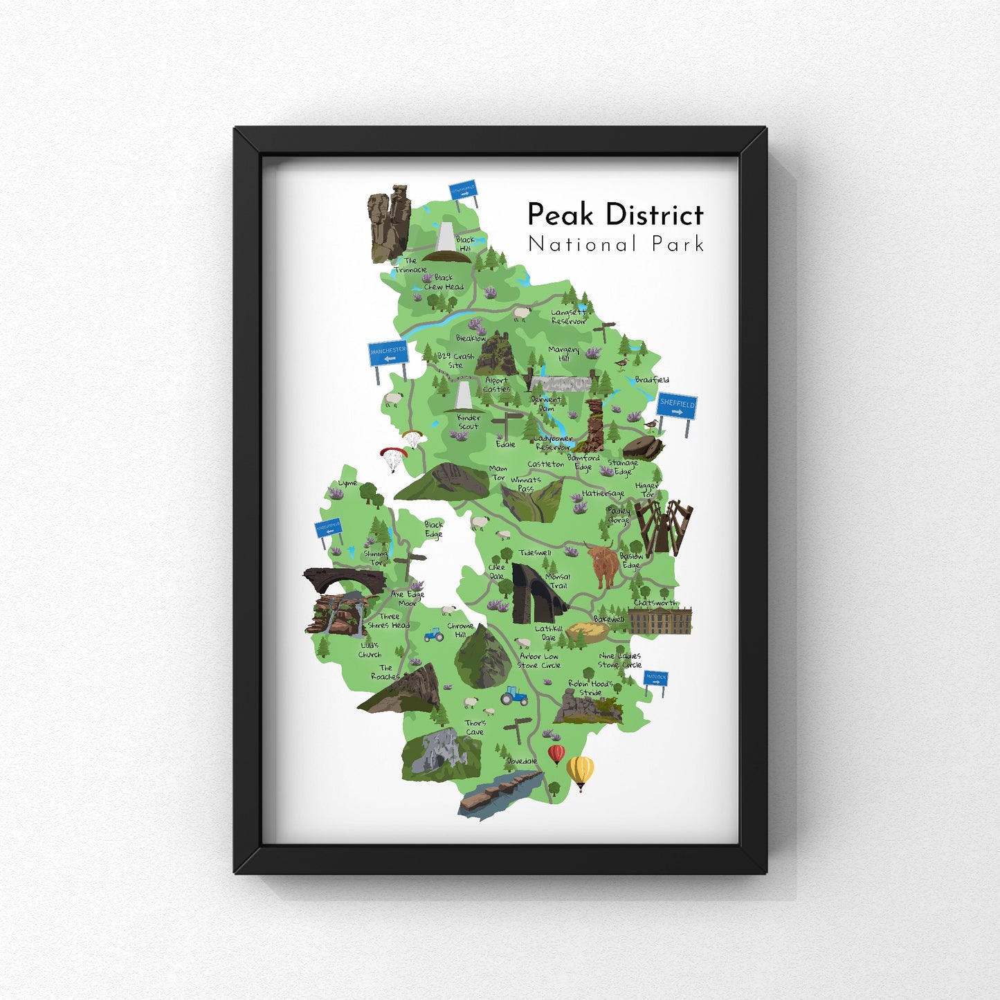 Peak District Map Print | Peak District Artwork | A5 A4 A3 - Millstones & Moor
