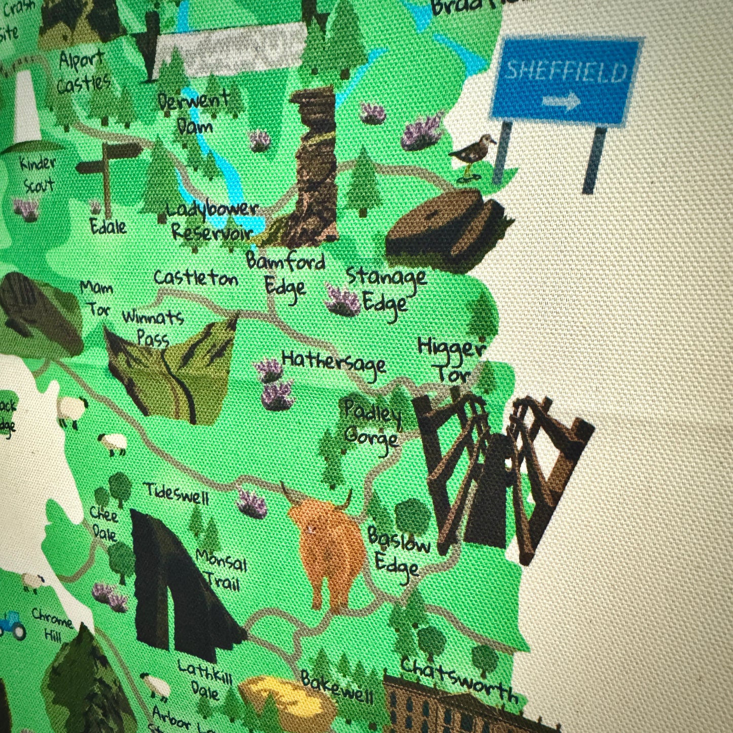 Peak District Map Illustrated Tea Towel - Millstones & Moor