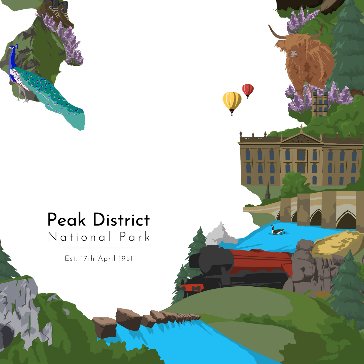 Peak District National Park Illustrated Map Art Print | A5 A4 A3 - Millstones & Moor